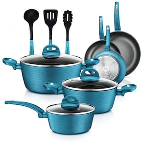 Jogo de Panelas e Frigideiras Antiaderentes em Alumínio com Utensílios, 12 Peças, NutriChef NCCW12GR, Azul