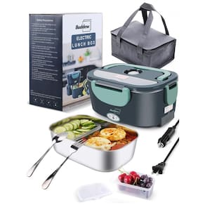 Marmita Elétrica Portátil 3 em 1 com Garfo, Colher e Bolsa para Transporte, 12V bivolt 80W, Buddew, Verde e Azul