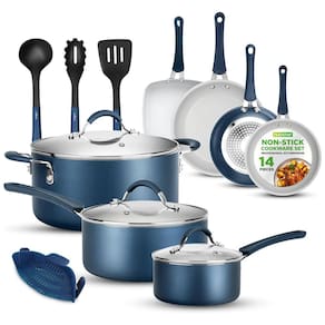Jogo de Panelas e Frigideiras Antiaderentes em Aço Inoxidável com Utensílios, 14 Peças, NutriChef NCCW14SBLU, Azul