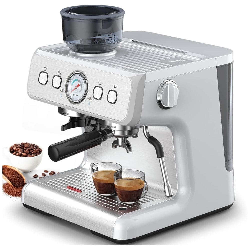 Máquina de Café Expresso Profissional  15 Bar com Moedor Embutido, Bocal de Leite e 2 Bicos, 110V 1350W, Joy Pebble, Prata