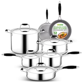 Conjunto de Panelas Antiaderentes Aço Inoxidável com Alças Revestidas de Silicone, 12 Peças, NUTRICHEF NCSSS12, Prateado