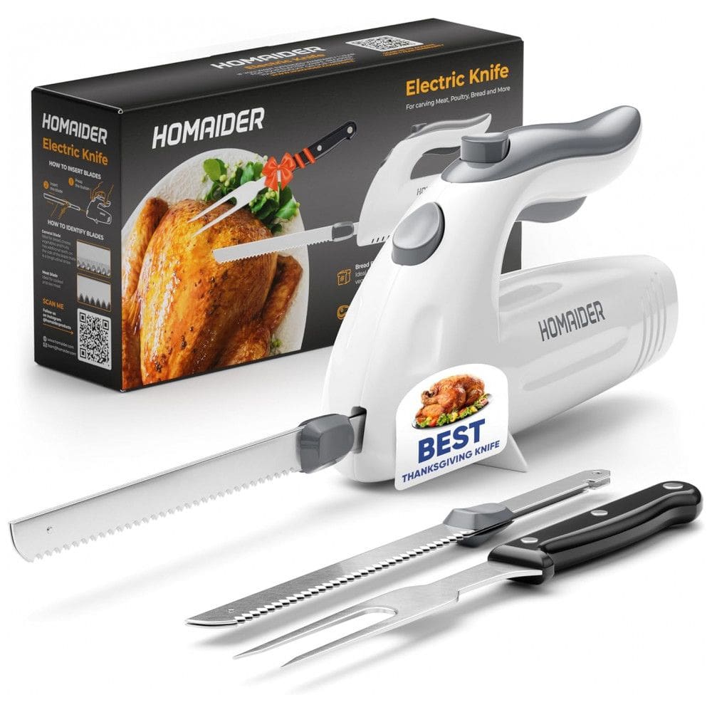 Faca Elétrica em Aço Inoxidável com Garfo, Branca, 110v, HOMAIDER, Branco