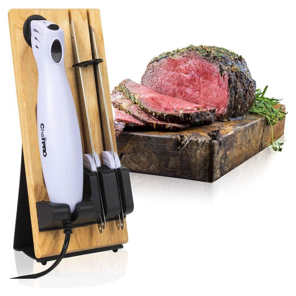 Faca Elétrica em Aço Inoxidável com Tábua de Corte de Madeira, Branca, 110v, CHEF PRO, Branco