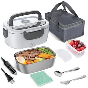 Marmita Elétrica Portátil 1,5L com Garfo, Colher e Bolsa para Transporte, 12V 1110V 60W, Vabaso, Cinza