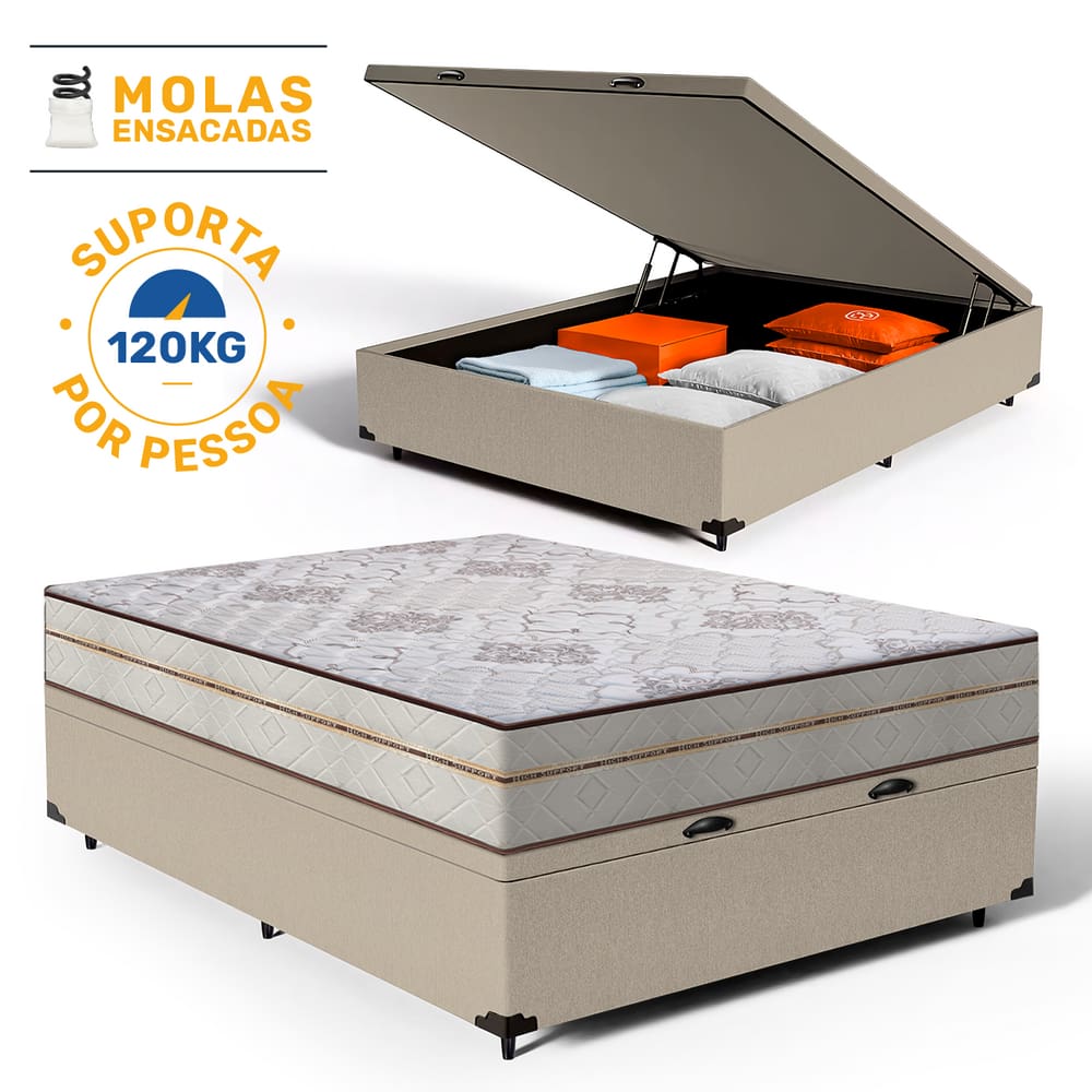 Cama Box Baú com Colchão de Molas Ensacadas Luxury Casal 138cm