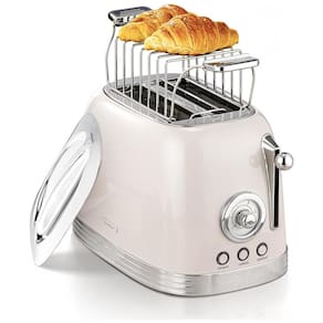 Torradeira Elétrica Retrô 2 Fatias com Tampa de Aço Inoxidável, Acessório para Pão e Display de Contagem Regressiva, 815W, Wiltal TS06, Bege