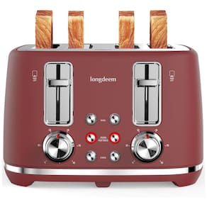 Torradeira Retrô 4 Fatias com Desligamento Automático e 6 Níveis de Tostagem, 110V 1500W, LONGDEEM, Vermelha