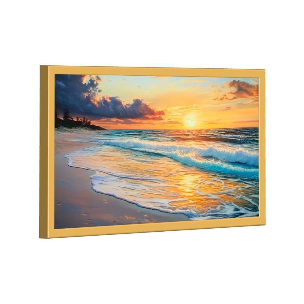 Quadro Decorativo Praia E Pôr Do Sol 118x78cm Moldura Dourada