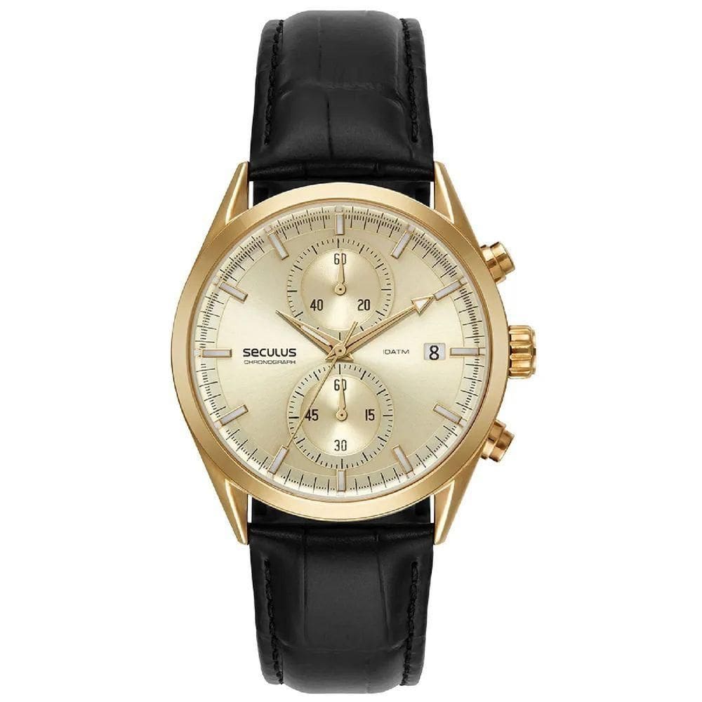 Relógio Seculus Cronógrafo 77307gpsvdc2 Vidro Abaulado Couro Dourado