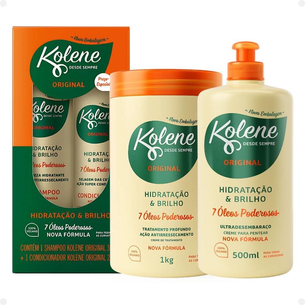 Kit Kolene Hidratação e Brilho: Shampoo 300ml e Condicionador 200ml + Creme de Tratamento 1Kg e Creme para Pentear 500ml