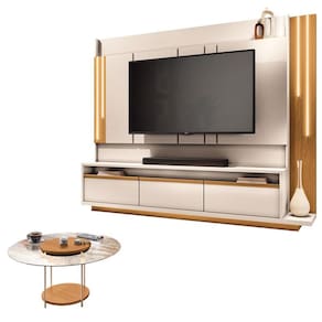 Estante Home Theater Montane Off White Cinamomo e Mesa de Centro sky com Tampo de Vidro Cinamomo - HB Móveis