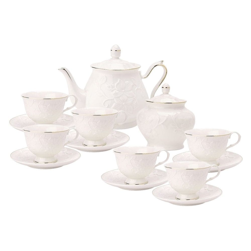 Cj Para Chá de Porcelana New Bone China Branca C/Filete Dourado Scarlet 14 Peças L`Hermitage
