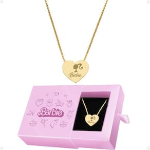 Colar Feminino Dourado Aço Caixa Pingente Coração Barbie