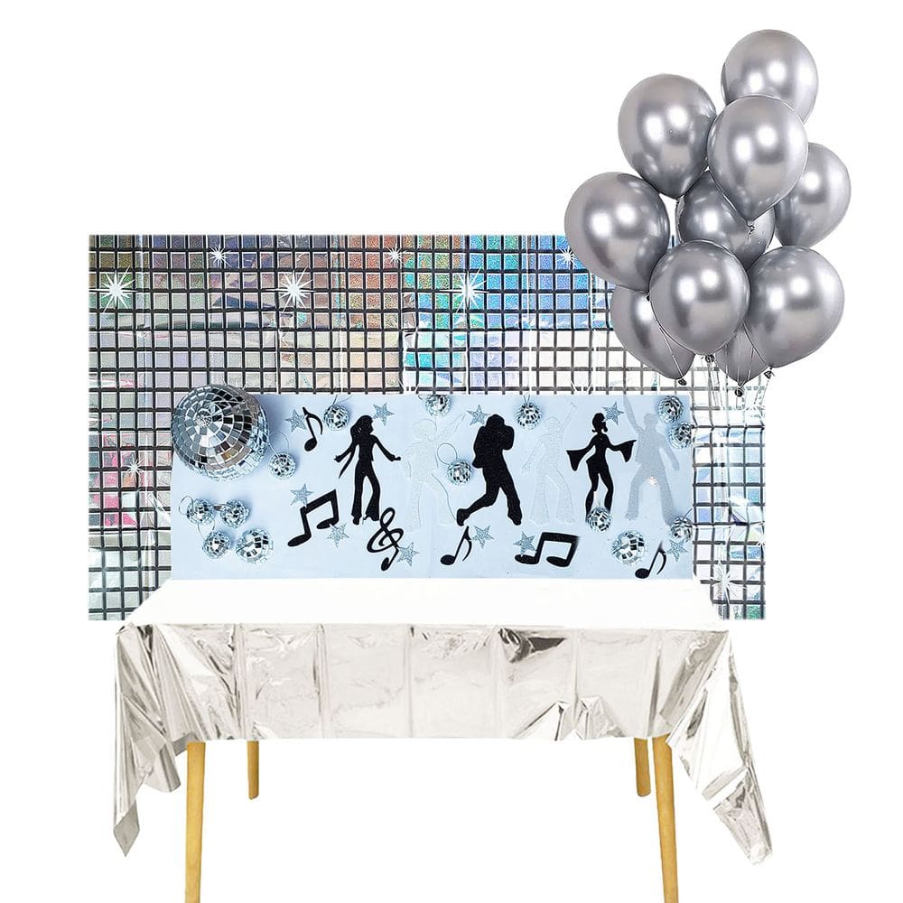 Kit Decoração Festa Disco Anos 80: Cortina Metalizada + Painel + Mini Globos + Balões + Enfeites = 47 Produtos Temáticos
