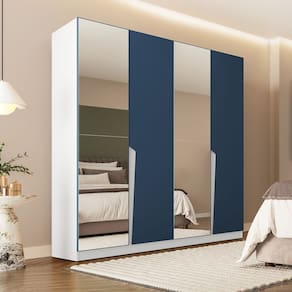 Guarda Roupa Casal 4 Portas 4 Gavetas com Espelho Porto Branco/Azul