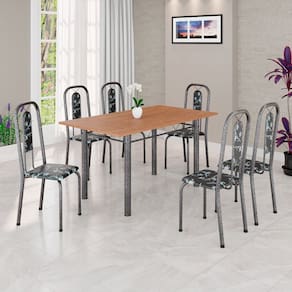 Conjunto de Mesa Tubular 136cm X 72cm Tampo Mdf com 6 Cadeiras Lívia Preto/Prata