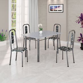 Conjunto de Mesa Tubular 120cm X 75cm Tampo Granito Ocre com 4 Cadeiras Lívia Preto/Prata