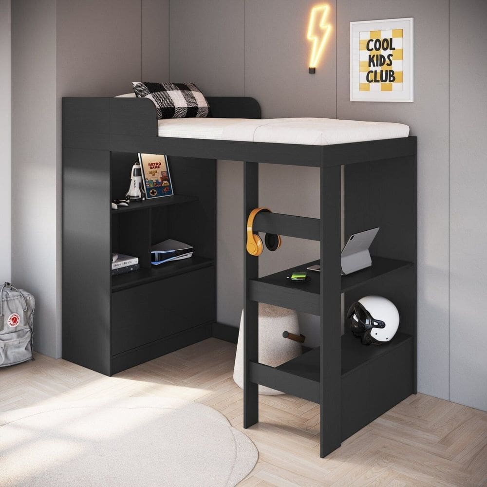 Cama Alta Multifuncional Solteiro com Estante e Escrivaninha 80 Amsterdam Grafite