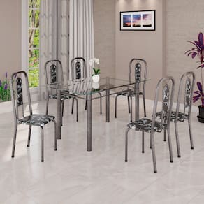 Conjunto de Mesa Tubular 140cm X 75cm Tampo Vidro Incolor com 6 Cadeiras Lívia Preto/ Prata