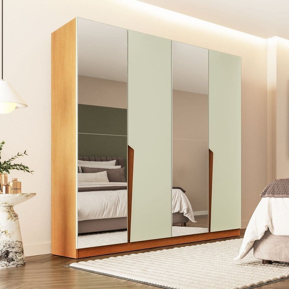Guarda-roupa Casal 4 Portas 4 Gavetas com Espelho Porto Freijó/Verde