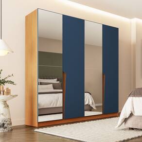 Guarda-roupa Casal 4 Portas 4 Gavetas com Espelho Porto Freijó/Azul