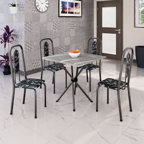 Conjunto de Mesa Tubular 70cm X 70cm Tampo Granito Topázio com 4 Cadeiras Lívia Preto /Prata