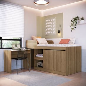 Cama Alta Multifuncional Solteiro com Estação de Trabalho 80 Jacarta Mel