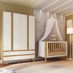 Quarto de Bebê com Guarda Roupa 4 Portas e Berço Minicama Luly 100% Mdf Espresso Móveis Branco Brilho/Amêndoa