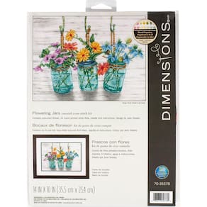 Dimensões do kit de ponto cruz Mason Jar Flowers 14x10cm