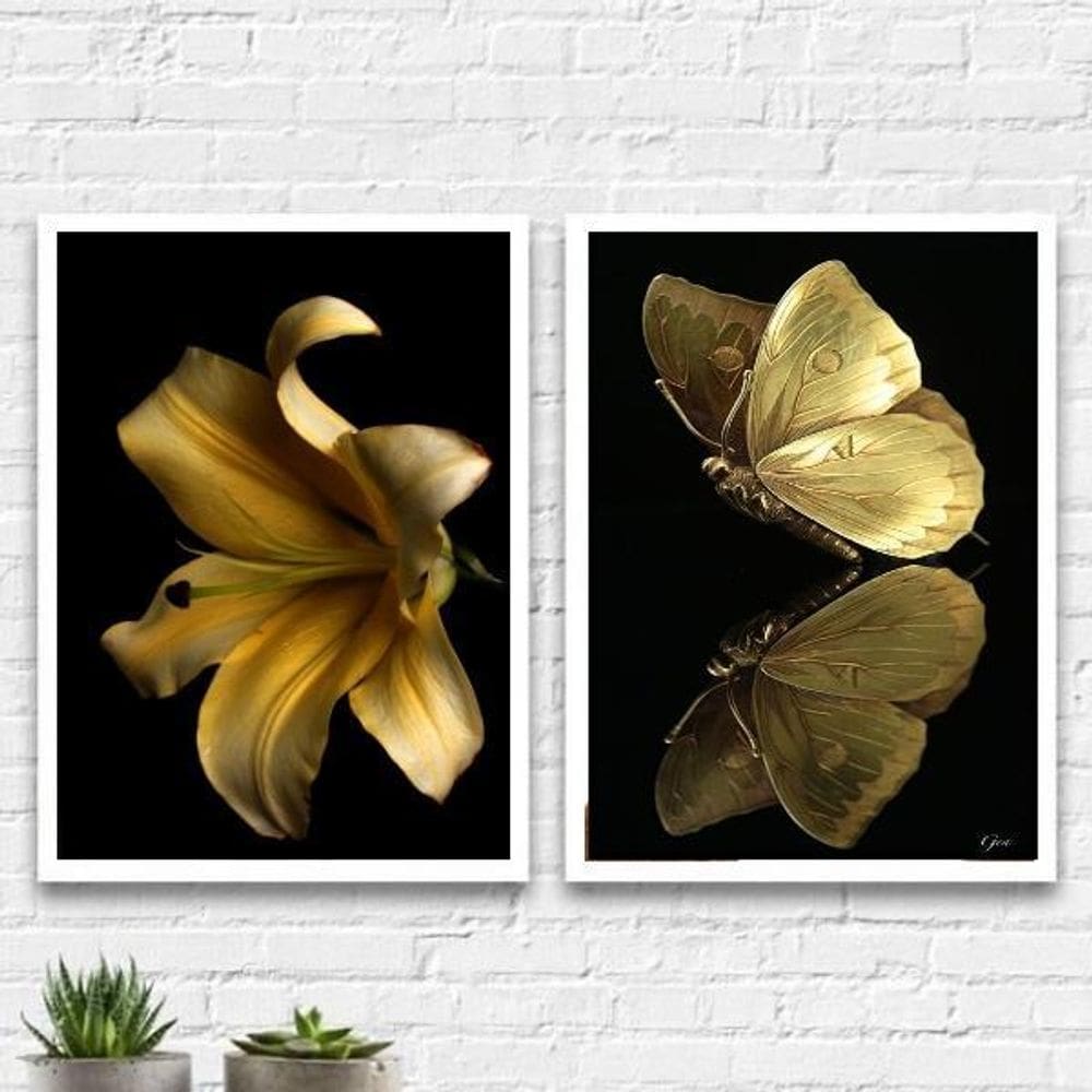 Kit Quadros Flor E Borboleta Ouro E Preto 24X18Cm 2 Peças