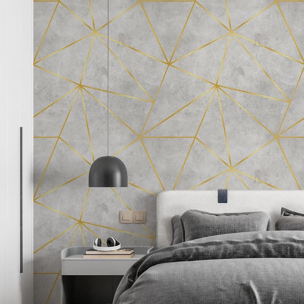Papel De Parede Adesivo Zara Cimento Com Dourado - 3,0M
