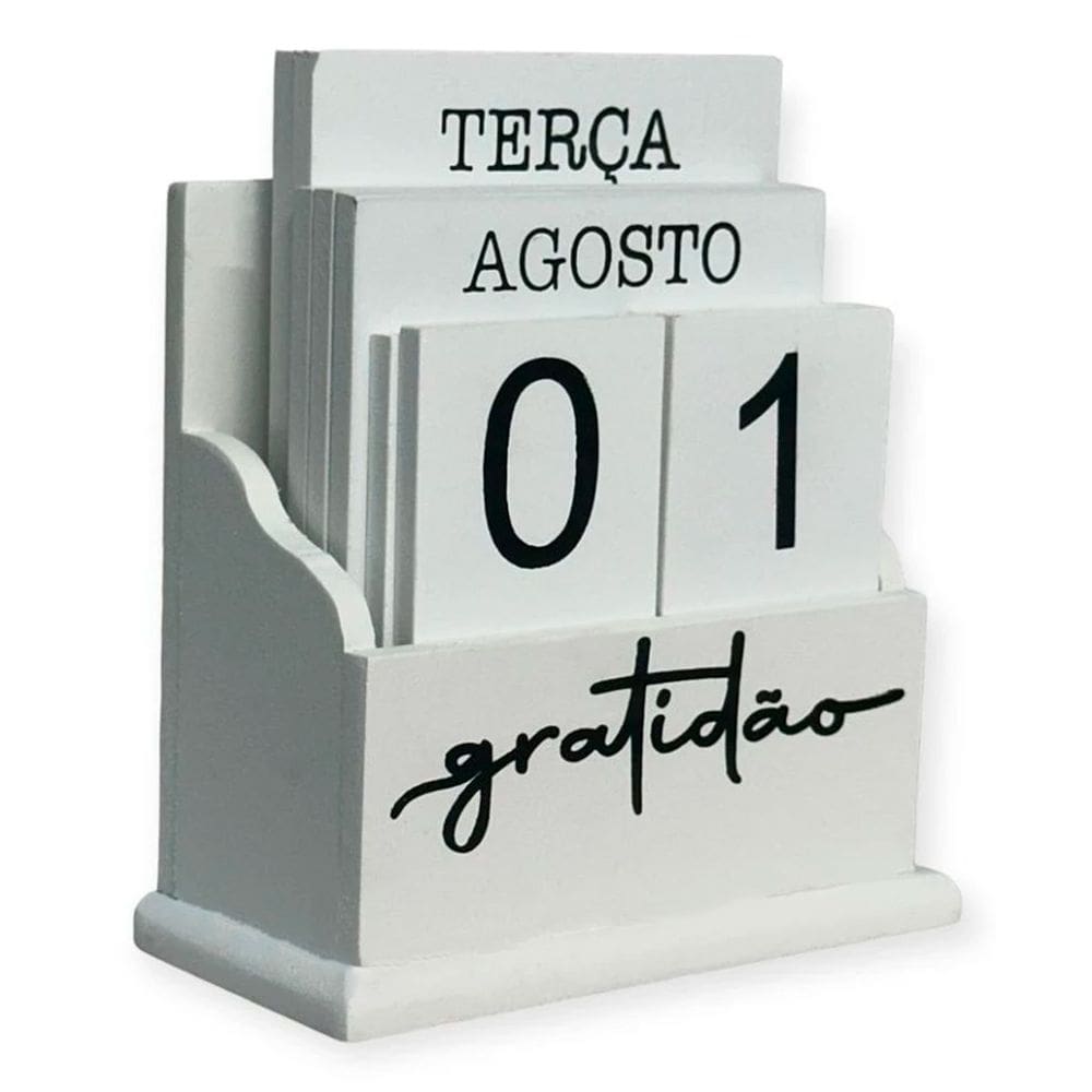 Calendário Permanente Decorativo de Mesa Elegante Suporte e Bloquinhos em Madeira