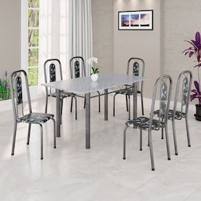 Conjunto de Mesa Tubular 140cm X 75cm Tampo Granito Ocre com 6 Cadeiras Lívia Preto/ Prata
