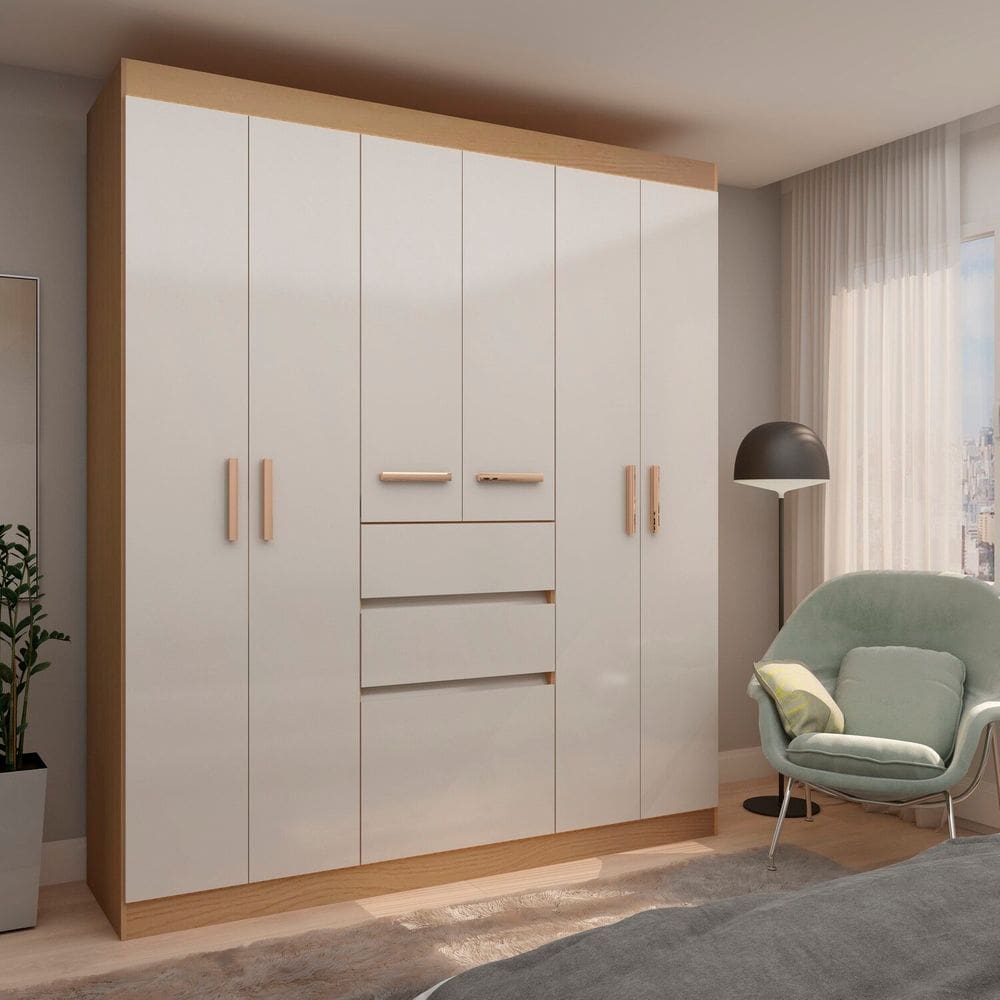 Guarda-roupa Casal 7 Portas 2 Gavetas Berna Yescasa Freijo/White laca
