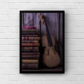 Quadro Decorativo Violino Com Livros 45X34Cm Moldura Preta