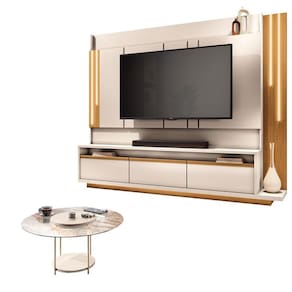 Estante Home Theater Montane Off White Cinamomo e Mesa de Centro sky com Tampo de Vidro Off White - HB Móveis