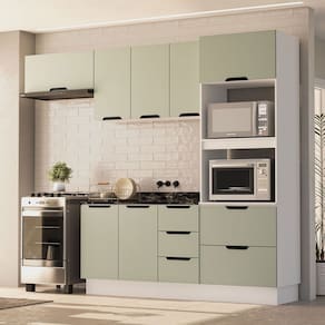 Cozinha Completa Meena 8 Portas 4 Gavetas Branco/Verde Oliva - Politorno