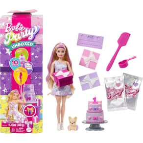 Doll Barbie Party Unboxed com acessórios Pet Birthday Series