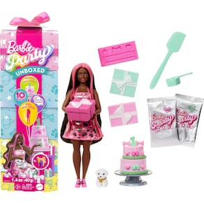 Doll Barbie Party Unboxed com acessórios Pet Birthday Series