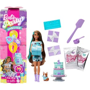 Doll Barbie Party Unboxed com acessórios Pet Birthday Series