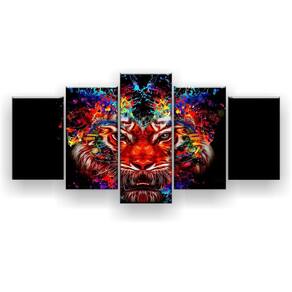 Quadro Decorativo Mosaico 5 Peças Cabeça Tigre Fundo Preto
