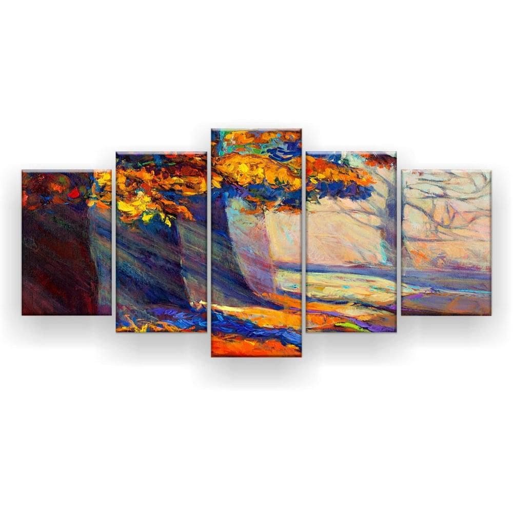 Quadro Decorativo 5 Peças Pintura Pôr Do Sol Outono Floresta