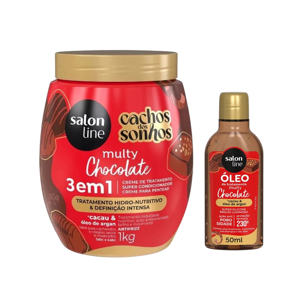 Kit Salon Line Creme de Tratamento Multy Maravilhas Chocolate 3 em 1 1kg+Óleo tratamento Chocolate 50ml