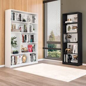 Kit com 1 Estante Multiuso 5 Nichos Montreal e 1 Estante para Livros 4 Prateleiras Seattle Preto/Branco