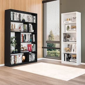 Kit com 1 Estante Multiuso 5 Nichos Montreal e 1 Estante para Livros 4 Prateleiras Seattle Branco/Preto