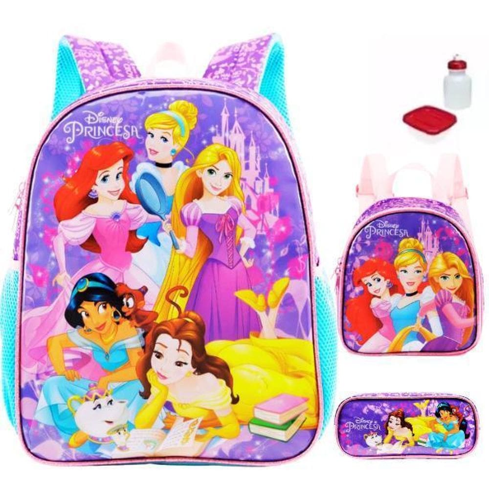 Kit Mochila Infantil Princesas Disney Costas Tam G Escolar
