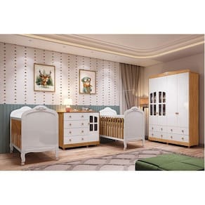 Quarto de Bebê Guarda-roupa Cômoda Janelado 2 Berços Maya Clássico 100% Mdf Espresso Móveis Branco Brilho/Amêndoa/Branco