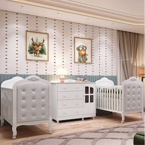 Quarto de Bebê Cômoda com Janelas e 2 Berços com Capitonê Maya Clássico 100% Mdf Espresso Móveis Branco Brilho/Branco