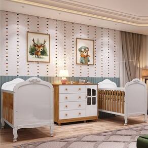 Quarto de Bebê Cômoda com Janelas e 2 Berços Maya Clássico 100% Mdf Espresso Móveis Branco Brilho/Amêndoa/Branco