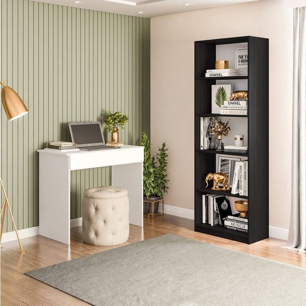Conjunto com 1 Escrivaninha 1 Gaveta Sevilha e 1 Estante Multiuso 5 Nichos Montreal Branco/Preto
